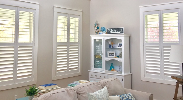 faux wood shutters in San Diego great room